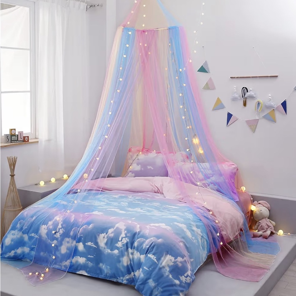 Enchanting rainbow bed canopy with lights.